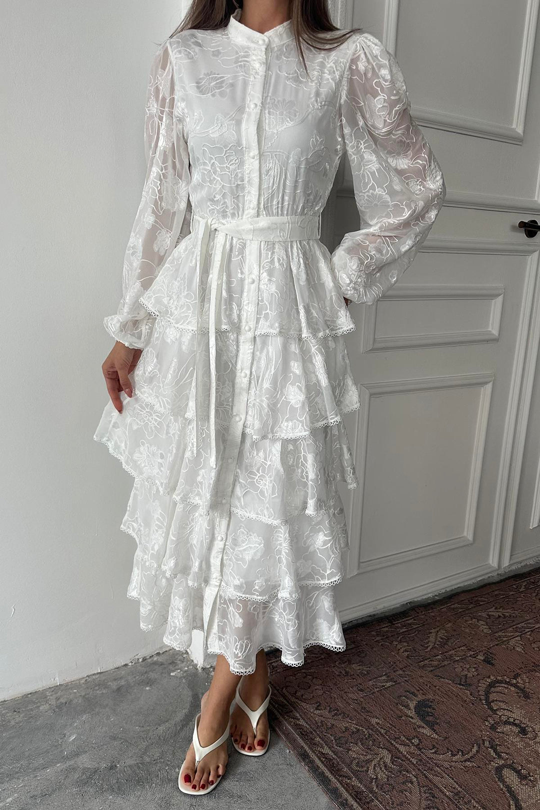 ELS Wholesale White Valonlu Striped Layered Dress - Caerdydd
