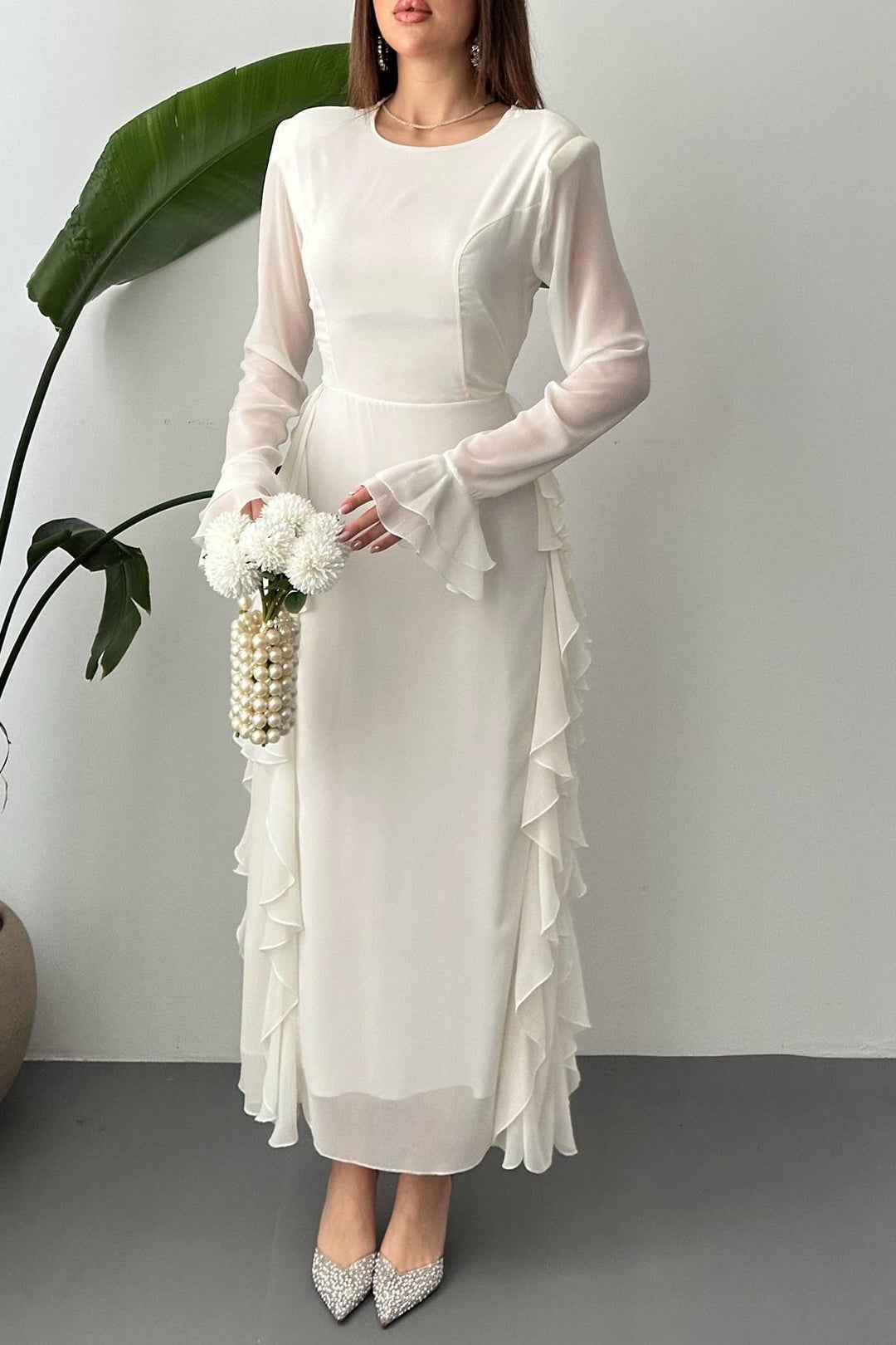 ELS Wholesale White Ruffled Chiffon Dress - Châtelet