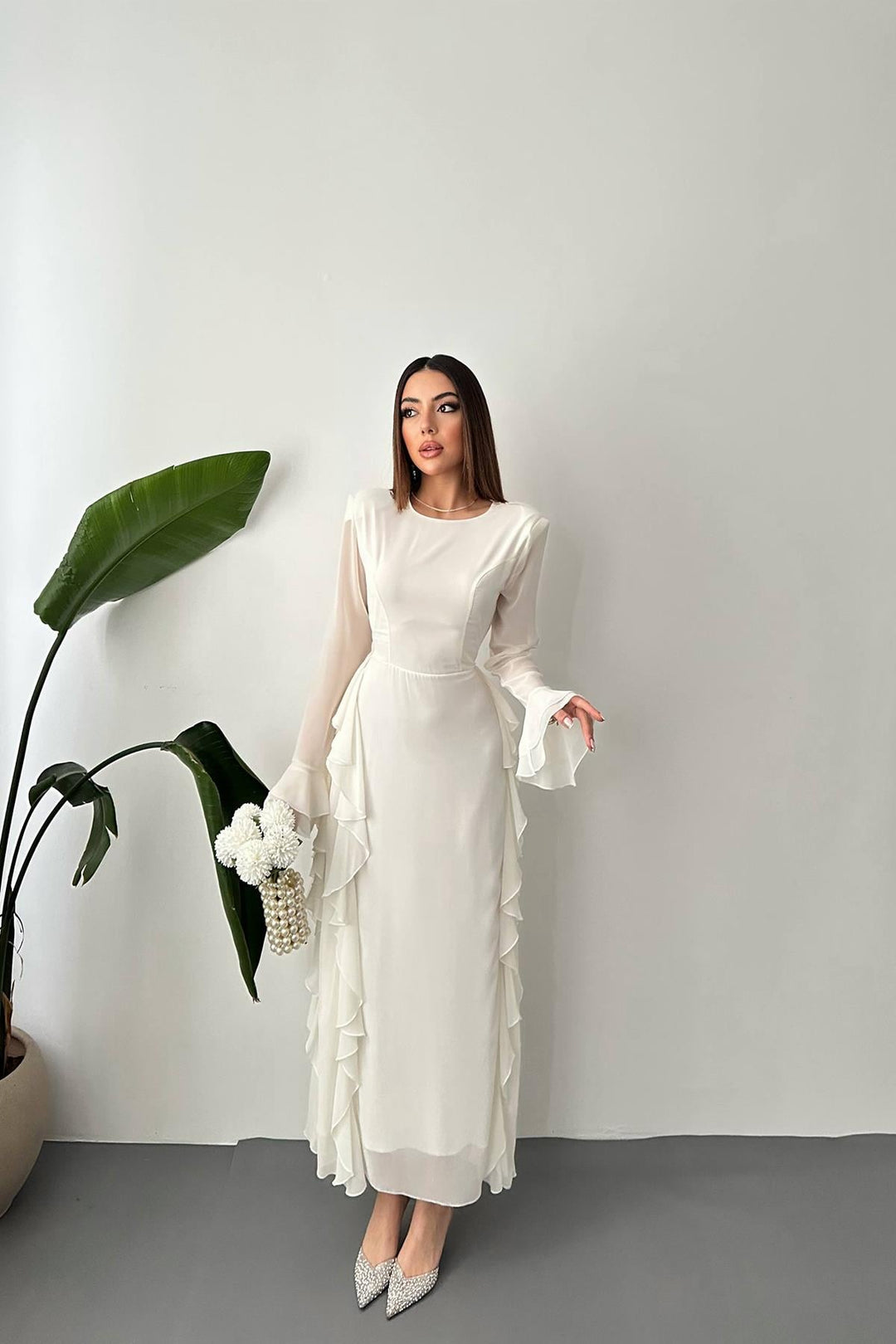 ELS Wholesale White Ruffled Chiffon Dress - Châtelet