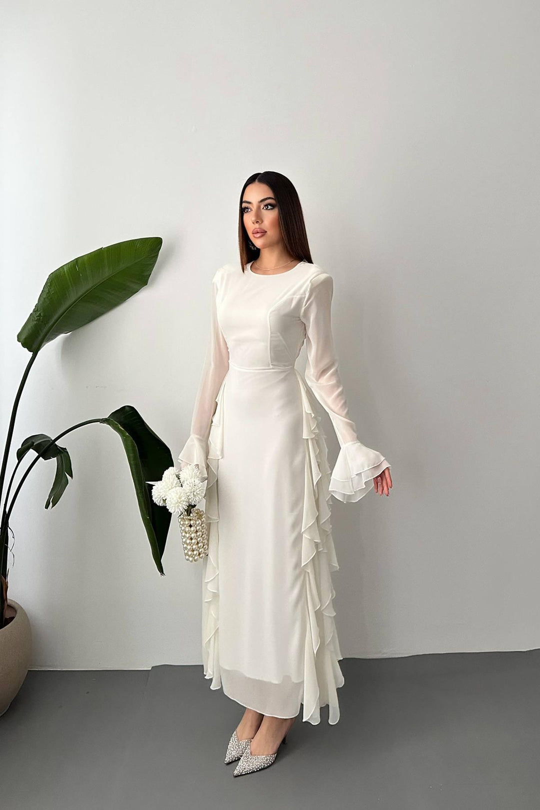 ELS Wholesale White Ruffled Chiffon Dress - Châtelet
