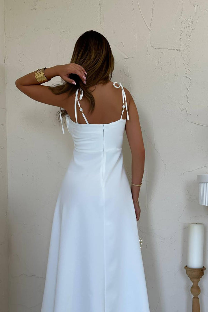 ELS Wholesale White Slit Chest Cupped Satin Dress - Bologna