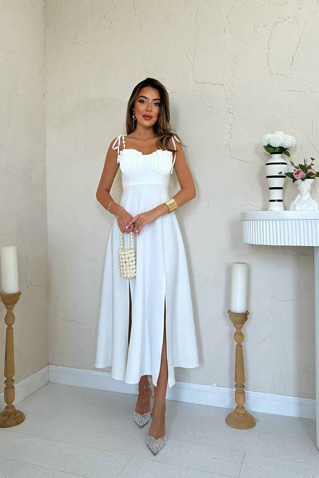 ELS Wholesale White Slit Chest Cupped Satin Dress - Bologna