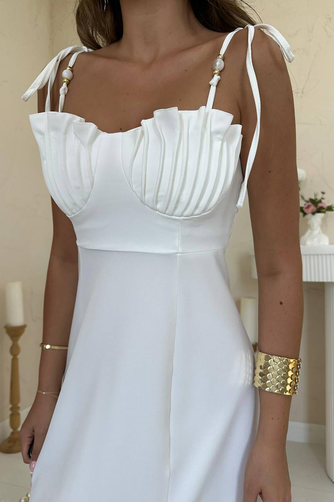 ELS Wholesale White Slit Chest Cupped Satin Dress - Bologna