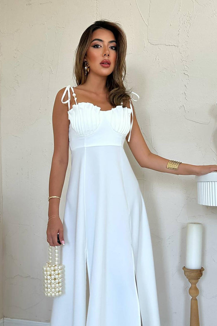 ELS Wholesale White Slit Chest Cupped Satin Dress - Bologna