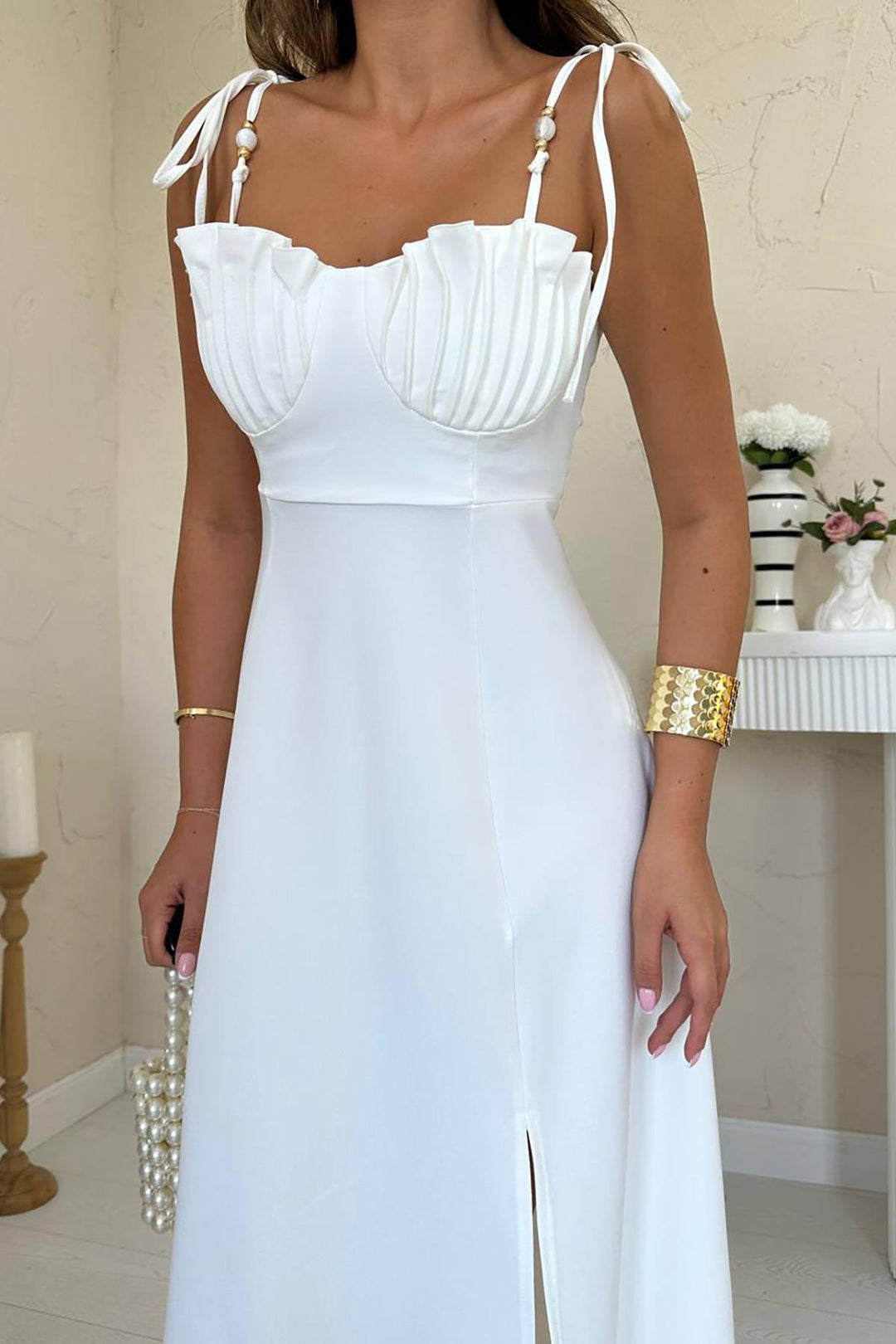 ELS Wholesale White Slit Chest Cupped Satin Dress - Bologna