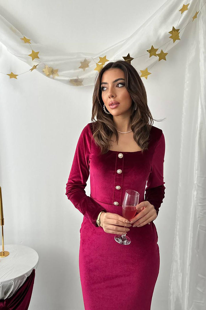 ELS Toptan Bordo Alt Eteği Volanlı Kadife Elbise - St. Catharines