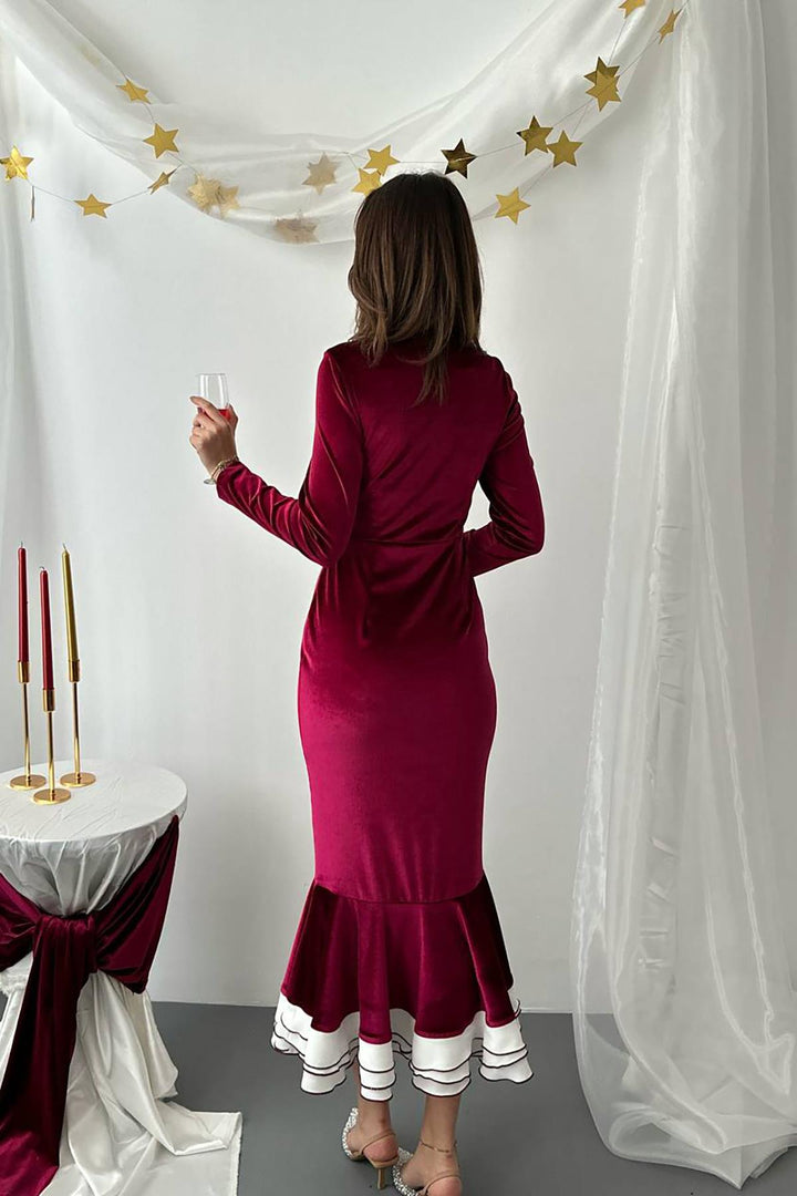 ELS Toptan Bordo Alt Eteği Volanlı Kadife Elbise - St. Catharines