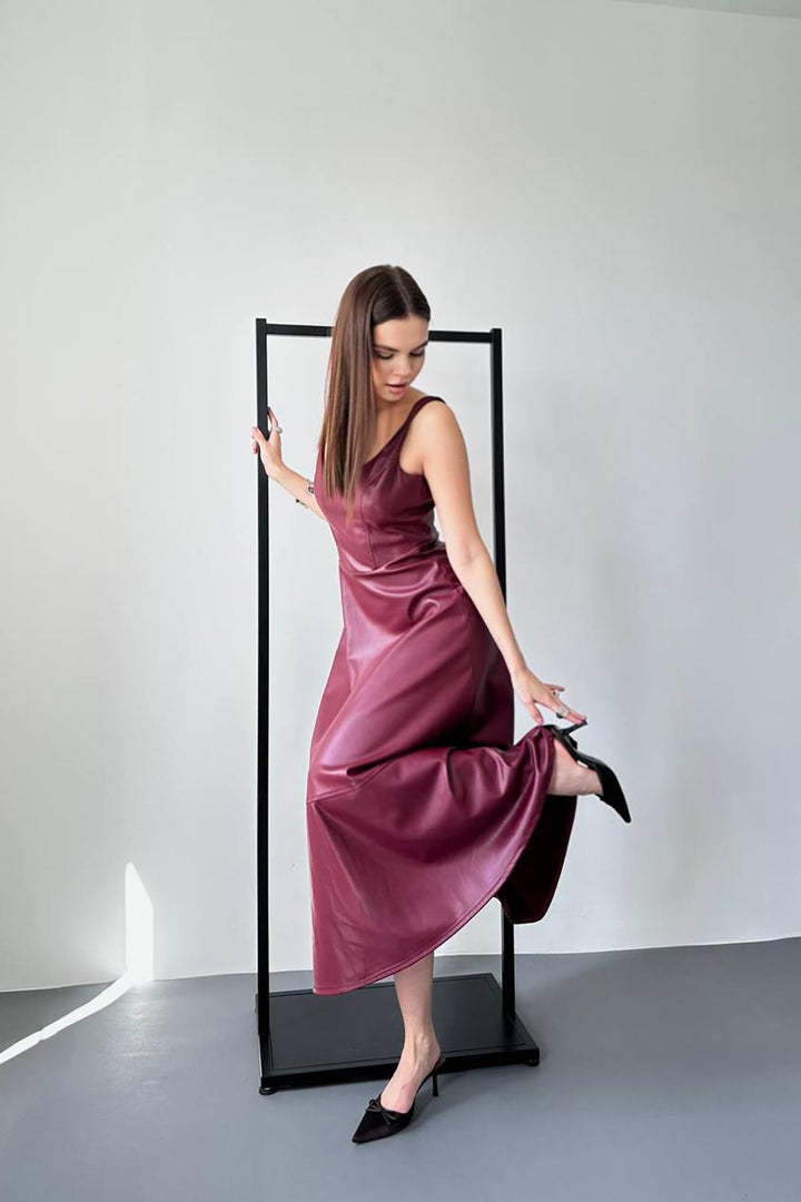 ELS Wholesale Burgundy Strappy Leather Dress - Welling