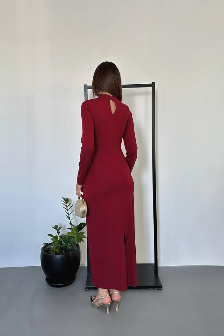 ELS Toptan Bordo Beli Tokalı Elbise - Baranavichy