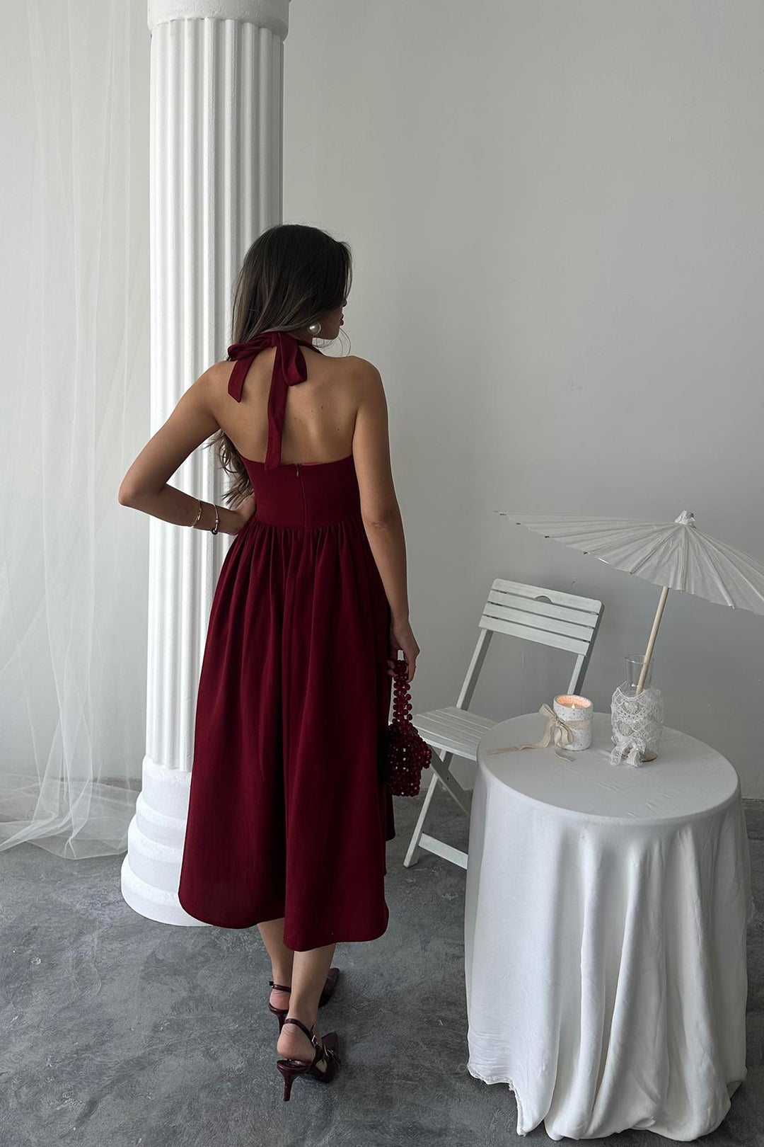 ELS Wholesale Burgundy Linen Dress with Tie Neck - Oyster Bay