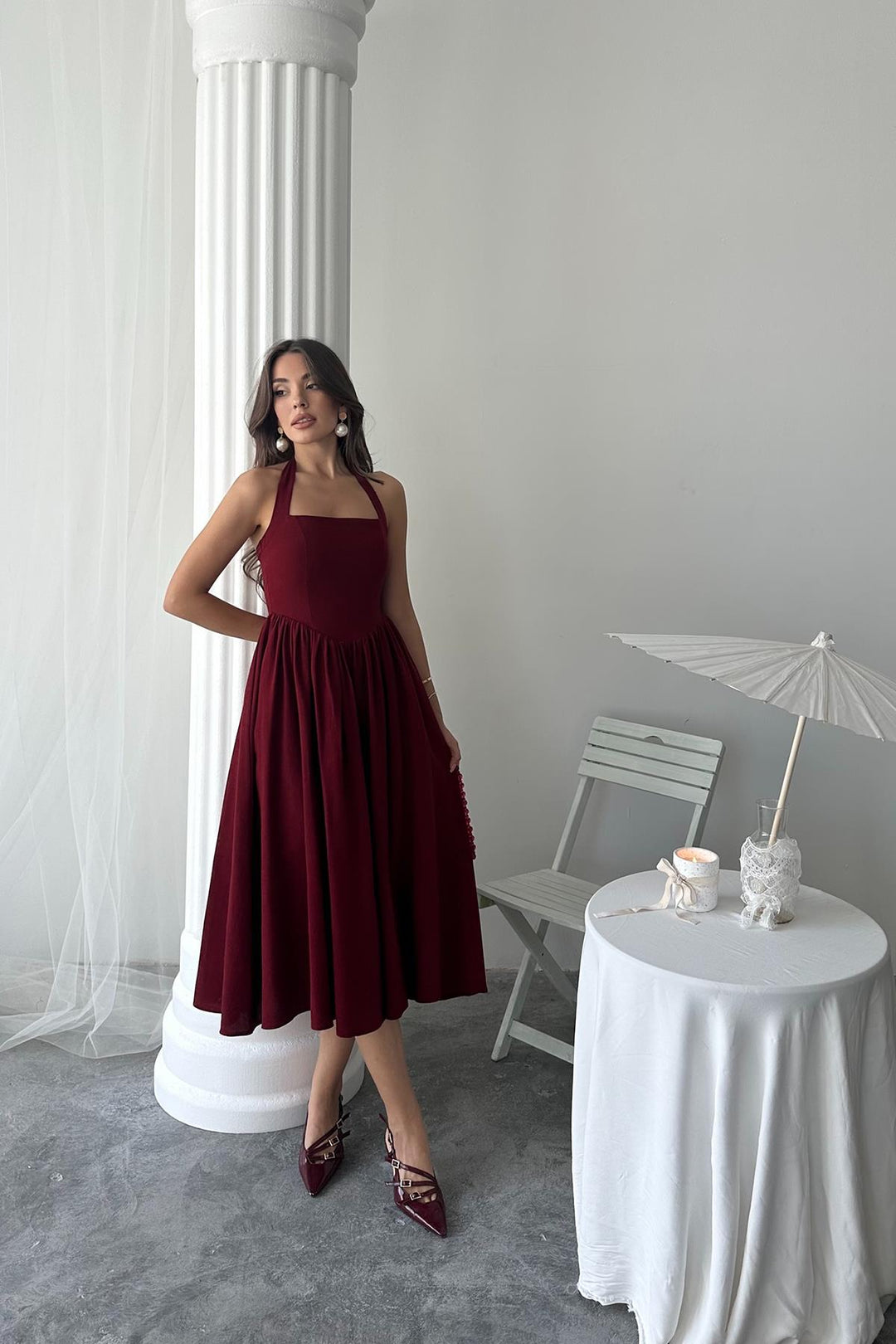 ELS Wholesale Burgundy Linen Dress with Tie Neck - Oyster Bay