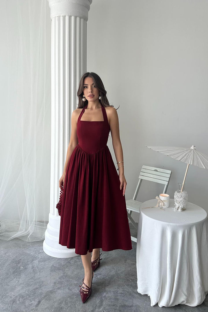 ELS Wholesale Burgundy Linen Dress with Tie Neck - Oyster Bay