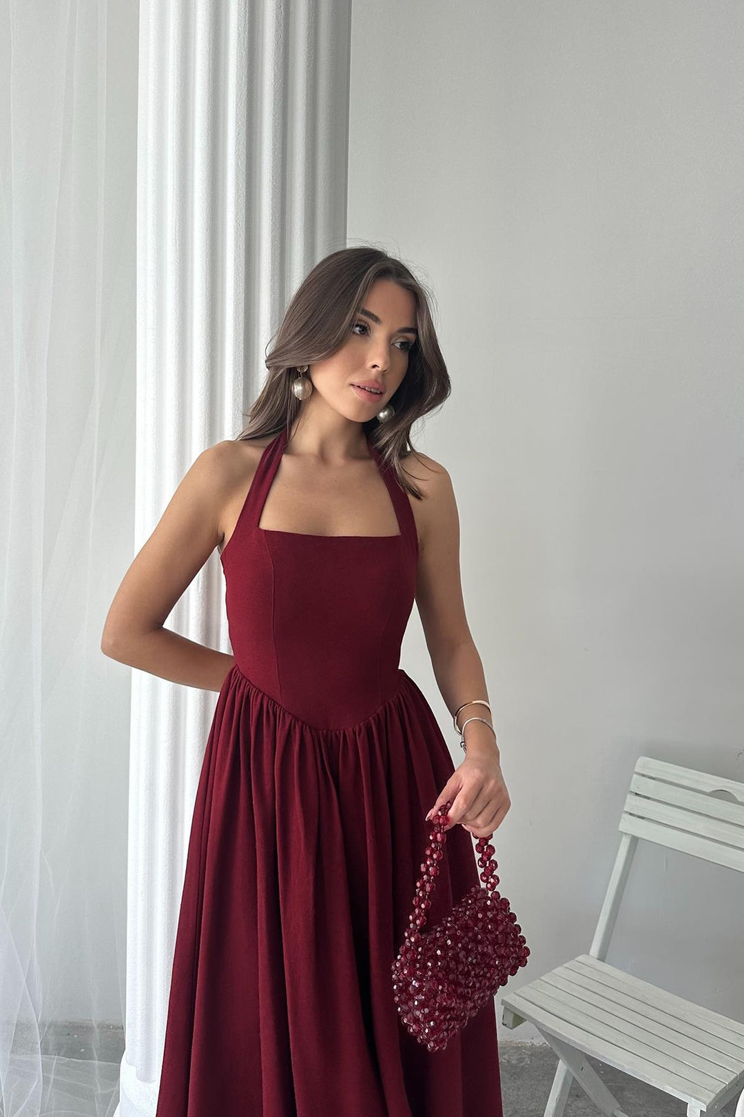 ELS Wholesale Burgundy Linen Dress with Tie Neck - Oyster Bay