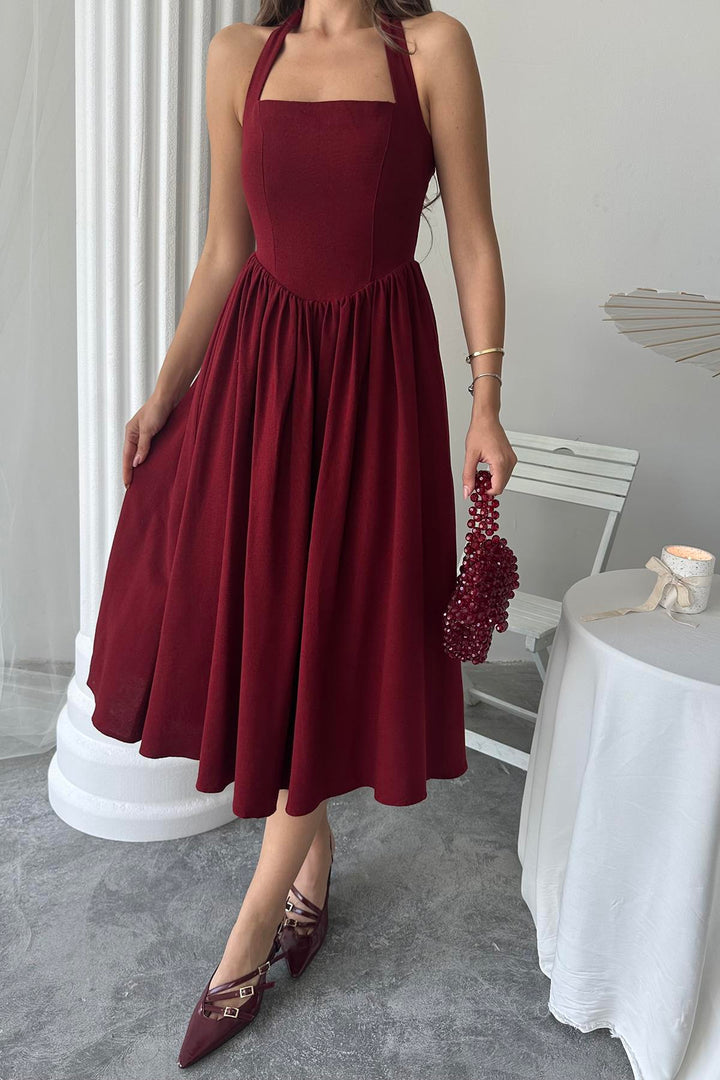 ELS Wholesale Burgundy Linen Dress with Tie Neck - Oyster Bay