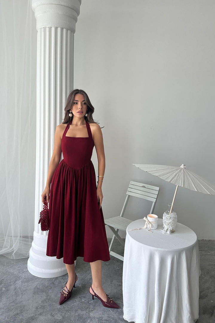 ELS Wholesale Burgundy Linen Dress with Tie Neck - Oyster Bay