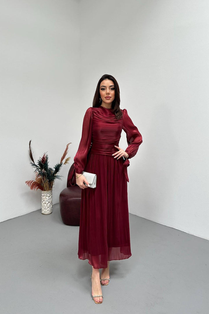 ELS Toptan Bordo Büzgü Detaylı Manşeti Kuşaklı Elbise - Bel Air South