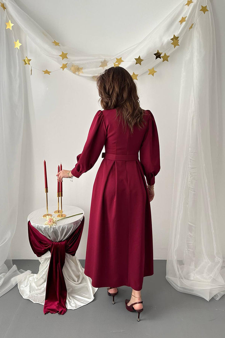 ELS Toptan Bordo Dantelli Kuplu Elbise - Towson