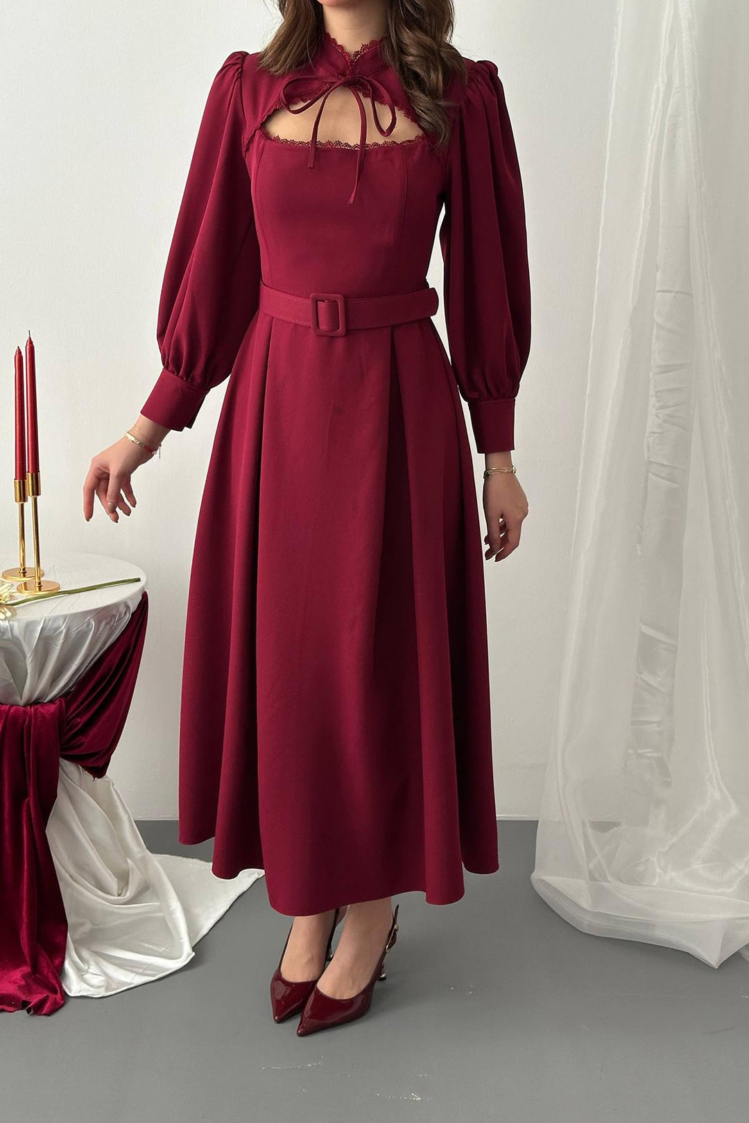 ELS Toptan Bordo Dantelli Kuplu Elbise - Towson