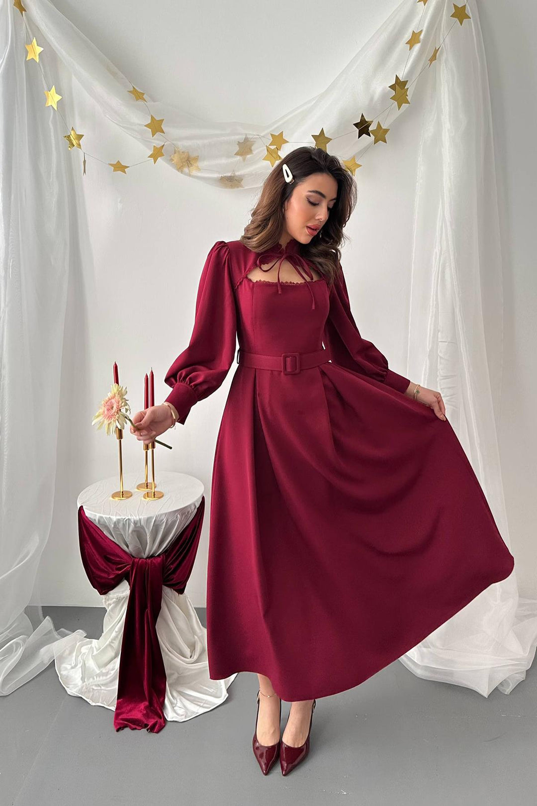 ELS Toptan Bordo Dantelli Kuplu Elbise - Towson