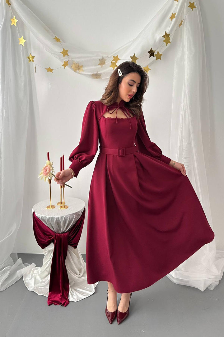 ELS Toptan Bordo Dantelli Kuplu Elbise - Towson