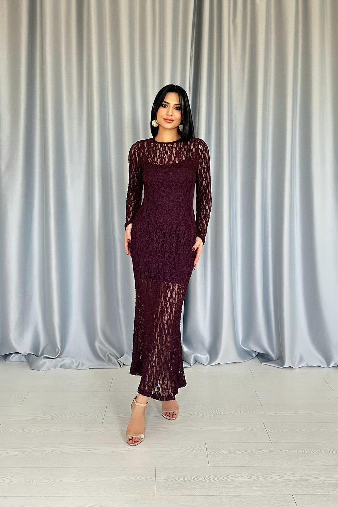 ELS Wholesale Burgundy Lace Long Sleeve Dress - Bradford