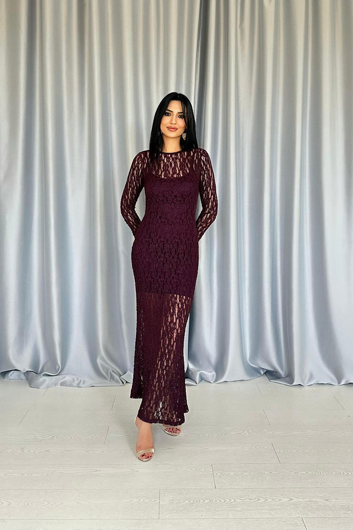 ELS Wholesale Burgundy Lace Long Sleeve Dress - Bradford