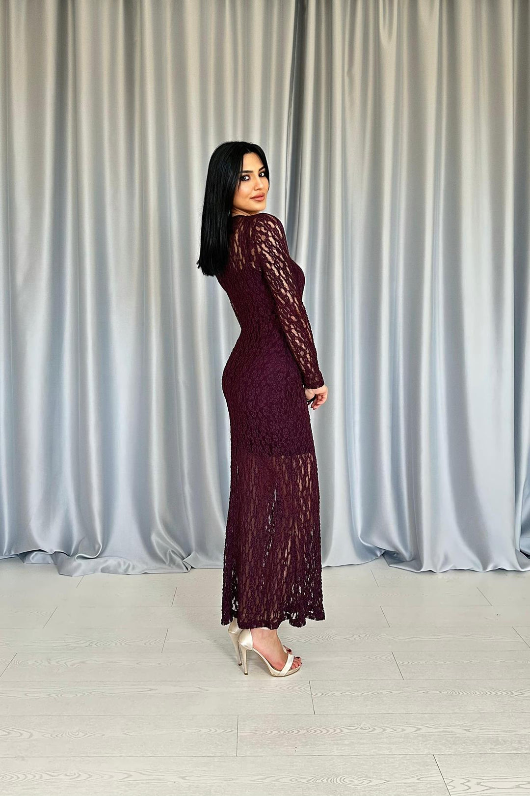 ELS Wholesale Burgundy Lace Long Sleeve Dress - Bradford