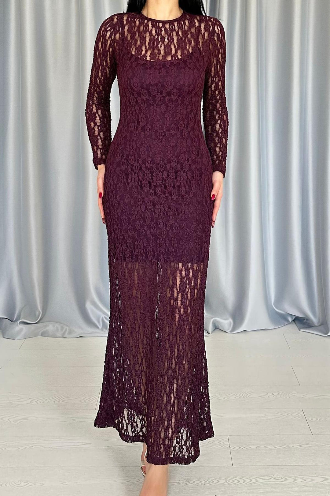 ELS Wholesale Burgundy Lace Long Sleeve Dress - Bradford