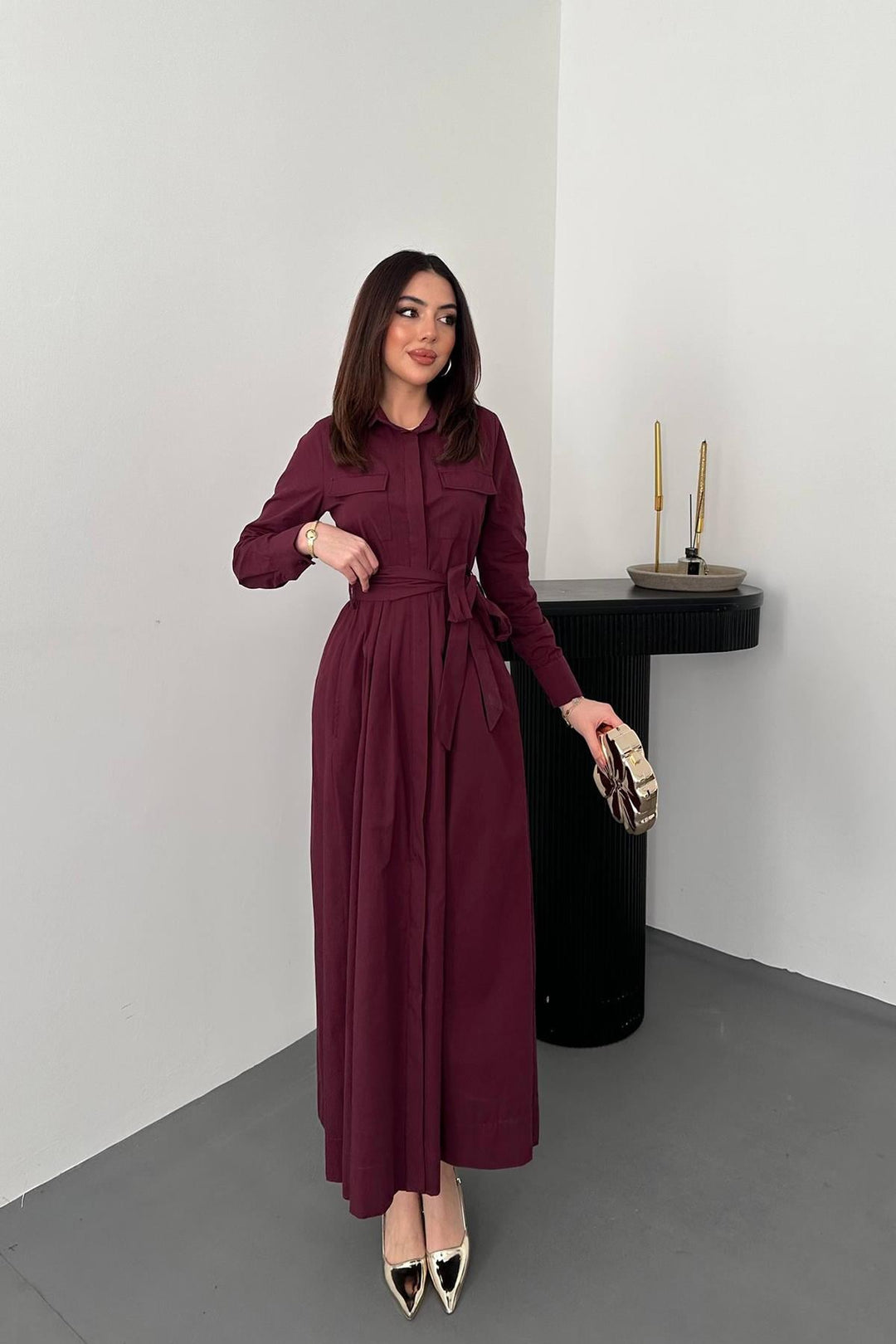 ELS Toptan BORDO Düğmeli Poplin Elbise - Mouscron