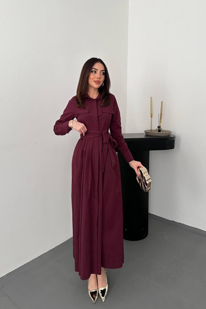 ELS Toptan BORDO Düğmeli Poplin Elbise - Mouscron