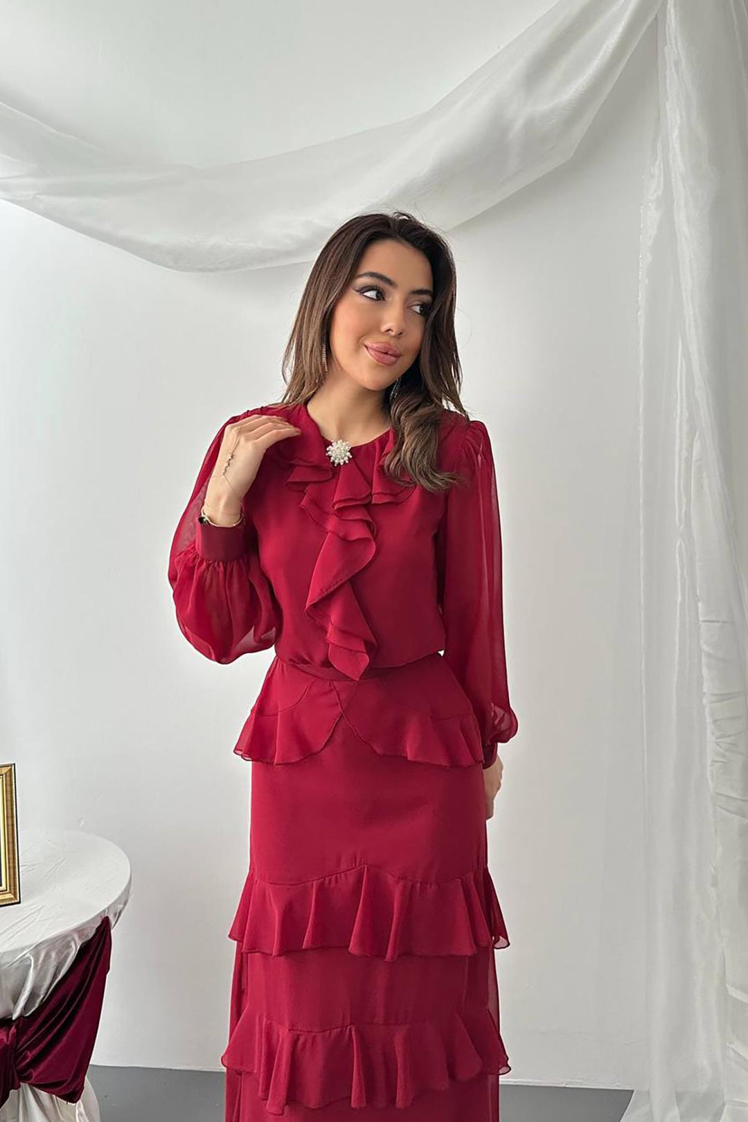 ELS Toptan Bordo Fırfırlı Şifon Takım - Karlsruhe