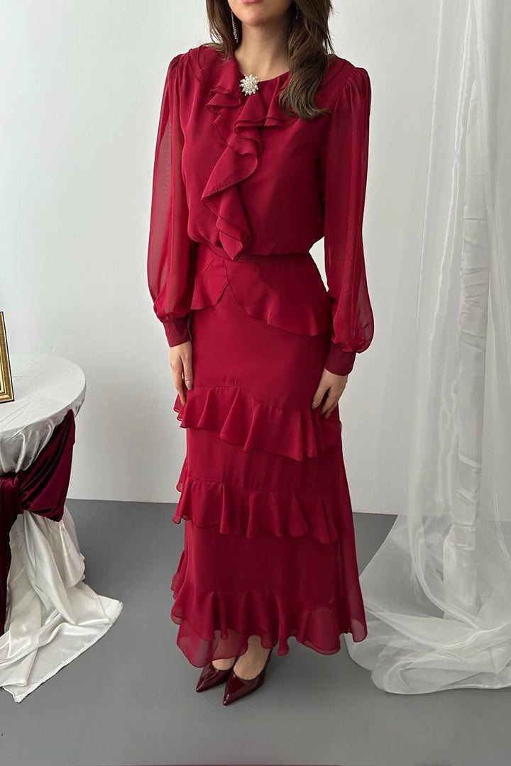 ELS Toptan Bordo Fırfırlı Şifon Takım - Karlsruhe