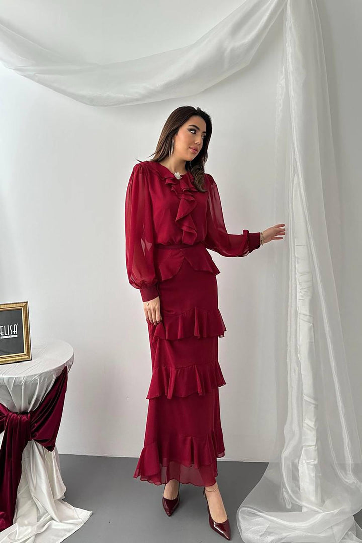 ELS Toptan Bordo Fırfırlı Şifon Takım - Karlsruhe