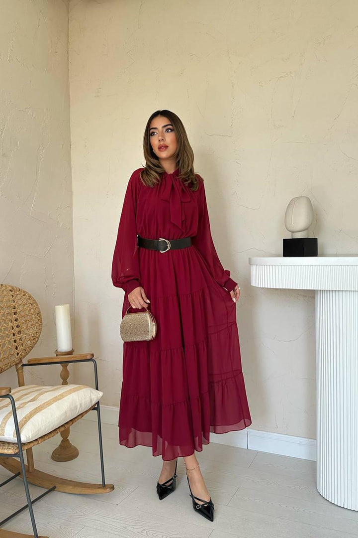 ELS Wholesale Burgundy Scarf Neck Detailed Chiffon Dress - Indianapolis