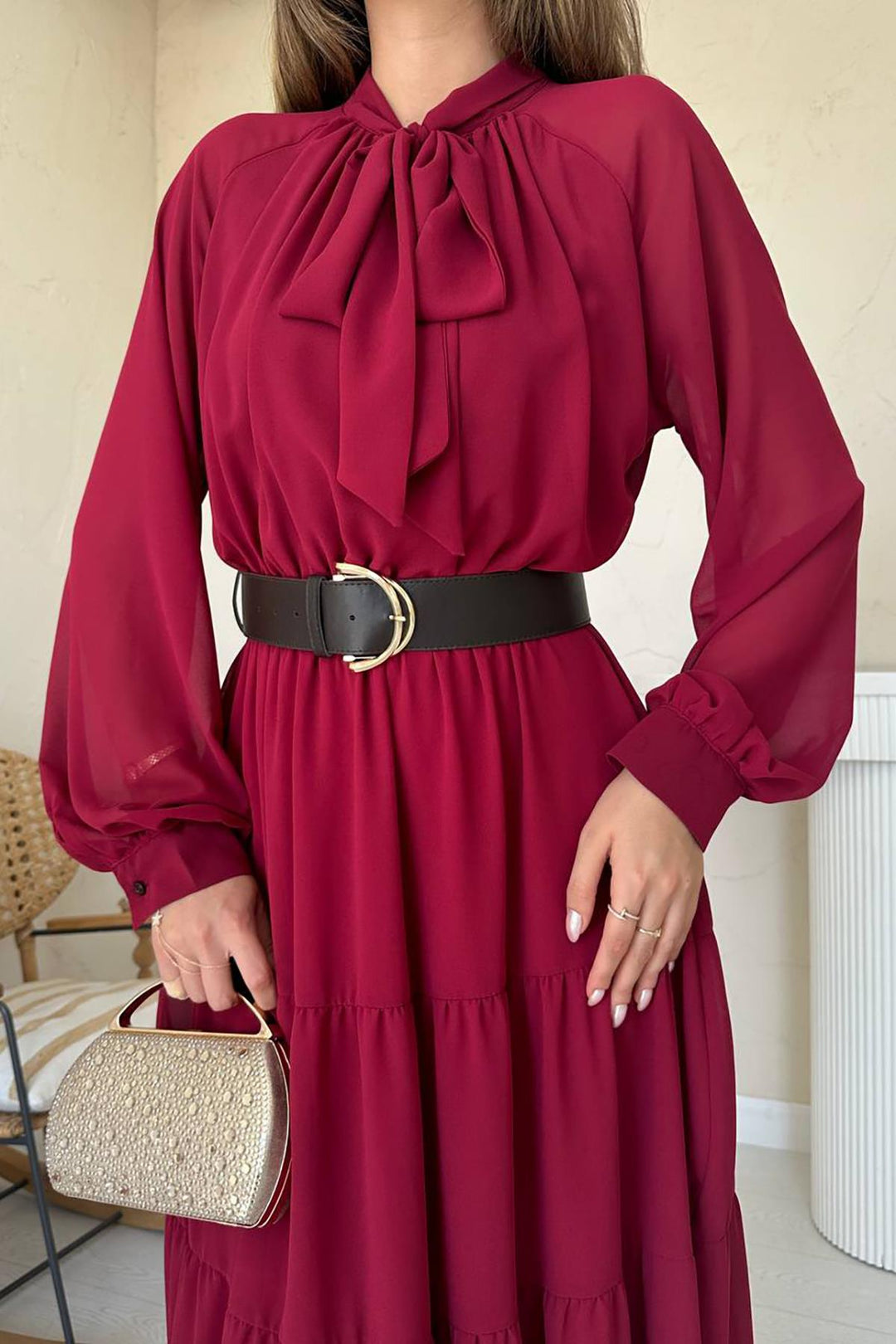 ELS Wholesale Burgundy Scarf Neck Detailed Chiffon Dress - Indianapolis