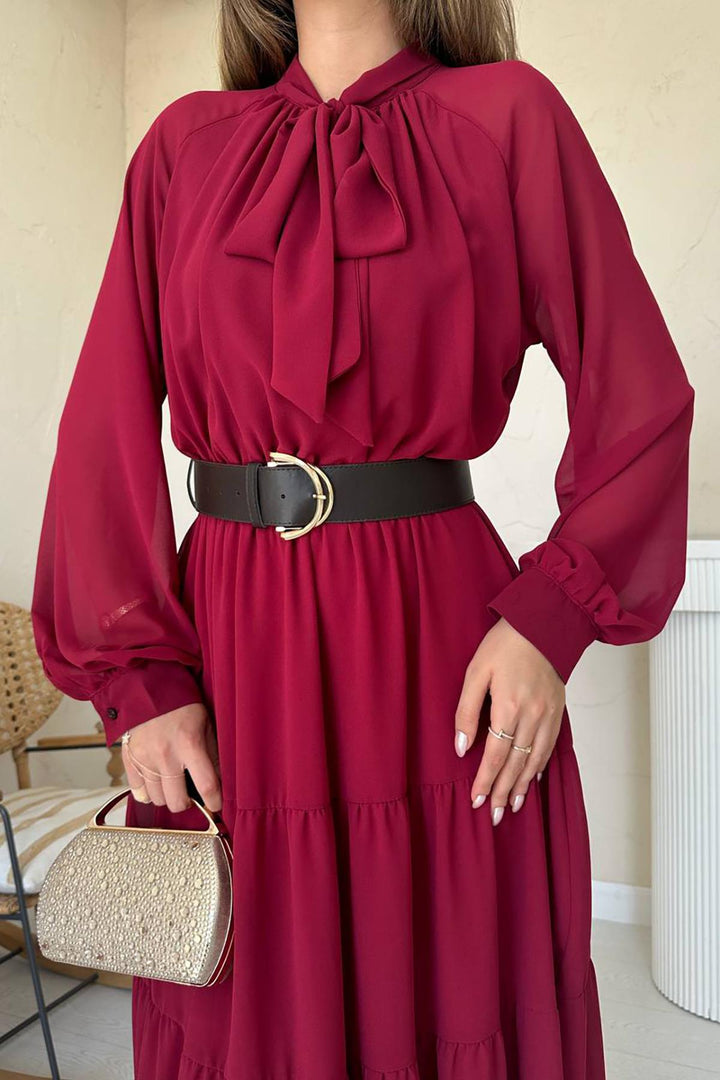 ELS Wholesale Burgundy Scarf Neck Detailed Chiffon Dress - Indianapolis