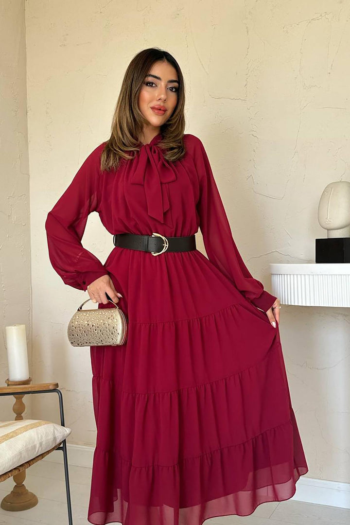 ELS Wholesale Burgundy Scarf Neck Detailed Chiffon Dress - Indianapolis