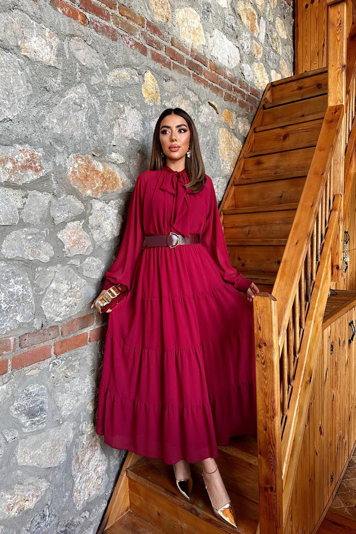 ELS Toptan Bordo Fular Yaka Detaylı Şifon Elbise - Marysville