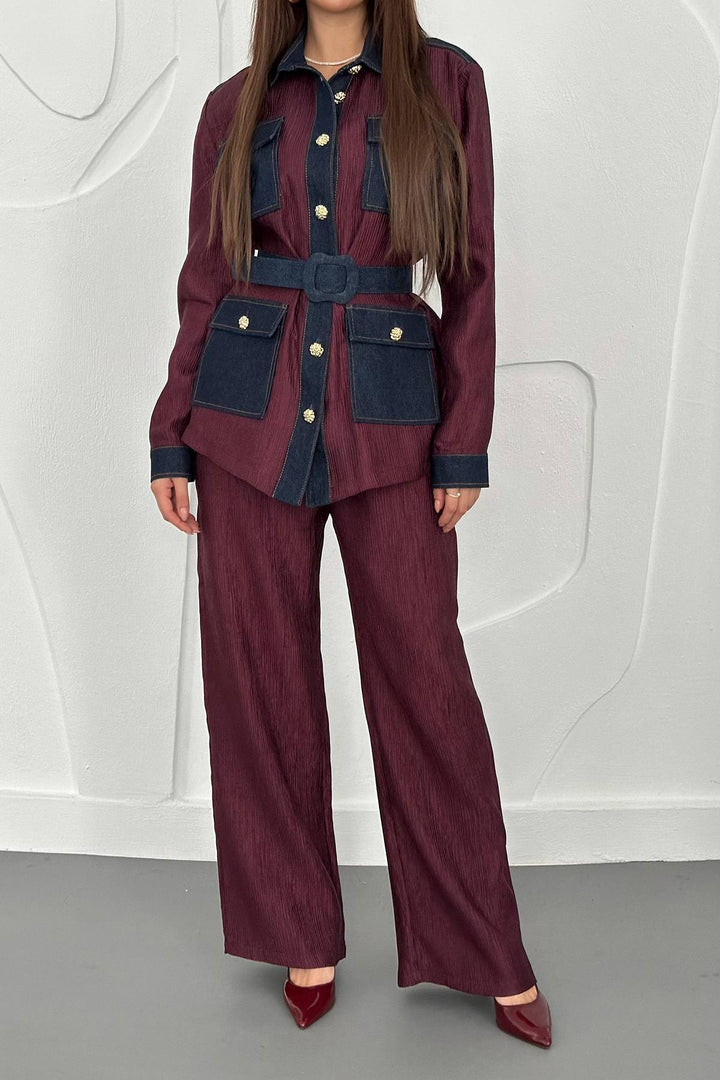 ELS Toptan Bordo Garnili Cepli Gömlek Ve Pantolon Takım - Apache Junction
