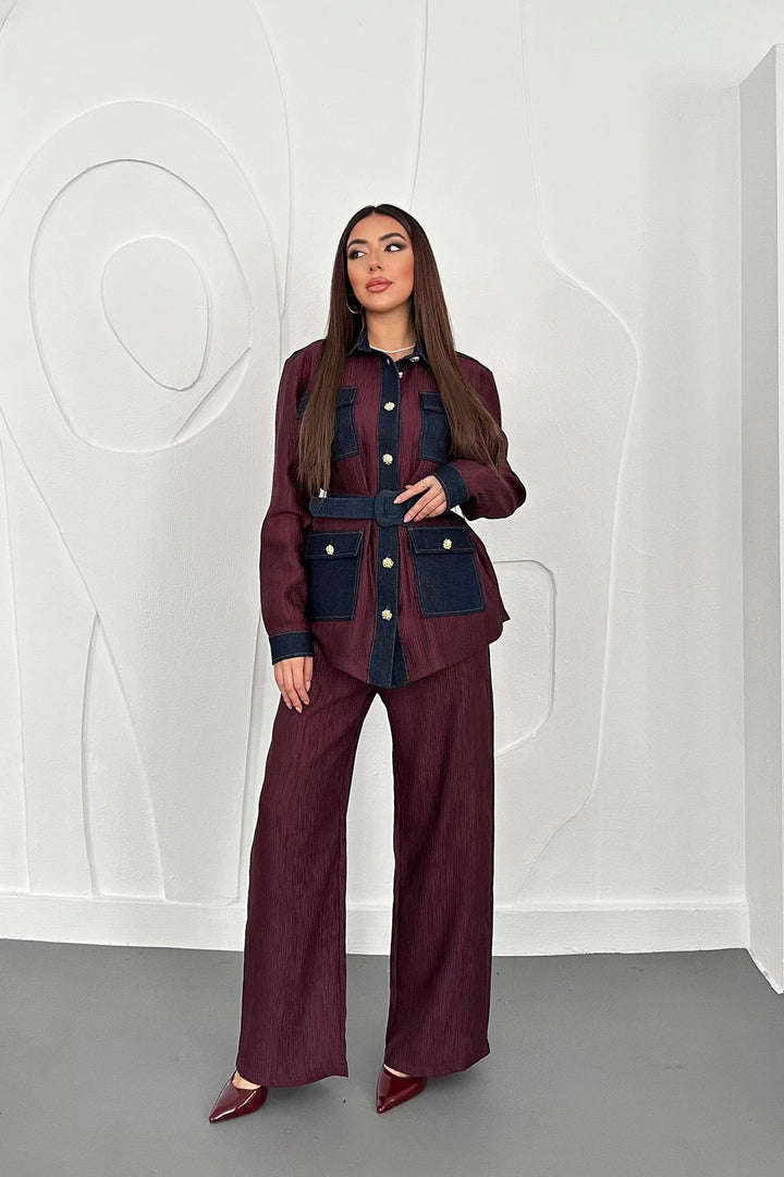 ELS Toptan Bordo Garnili Cepli Gömlek Ve Pantolon Takım - Apache Junction