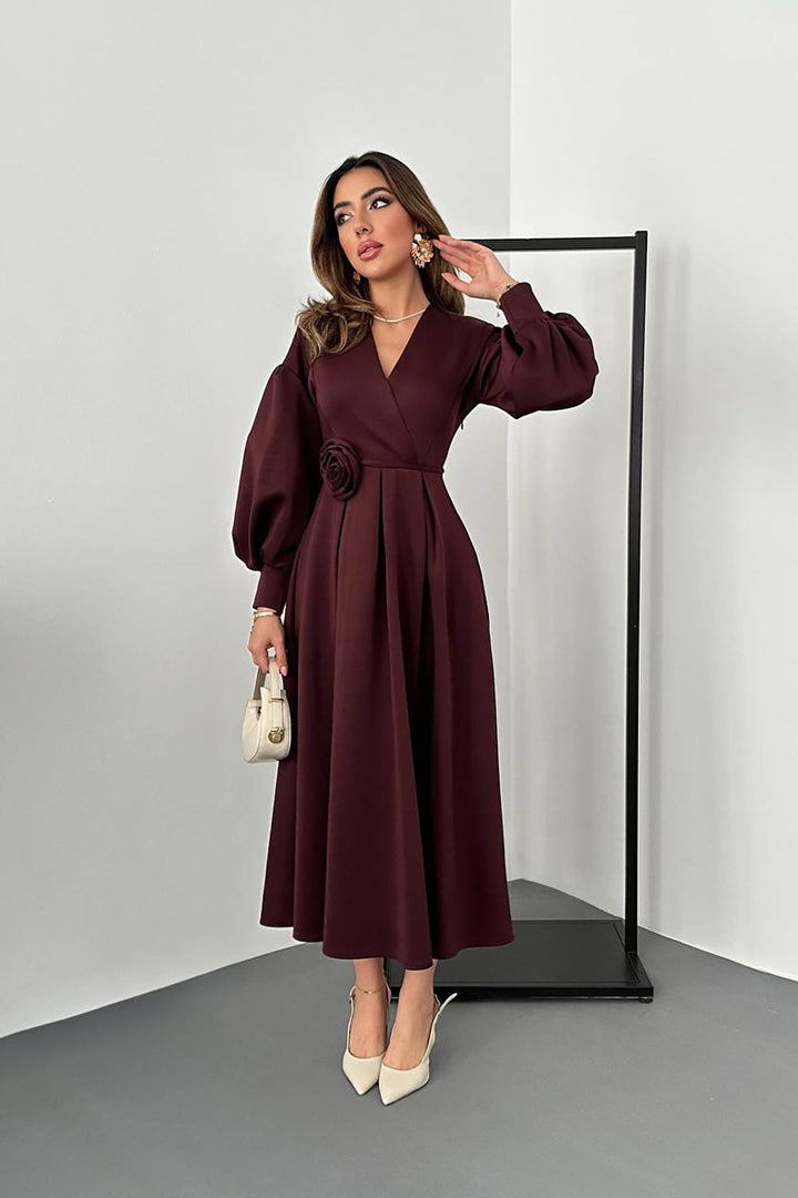 ELS Wholesale Burgundy Rose Detailed Scuba Dress - Roseville