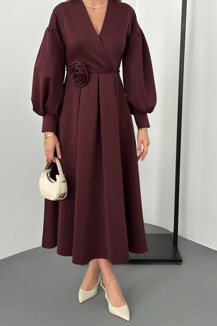 ELS Wholesale Burgundy Rose Detailed Scuba Dress - Roseville