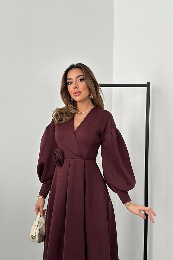 ELS Wholesale Burgundy Rose Detailed Scuba Dress - Roseville