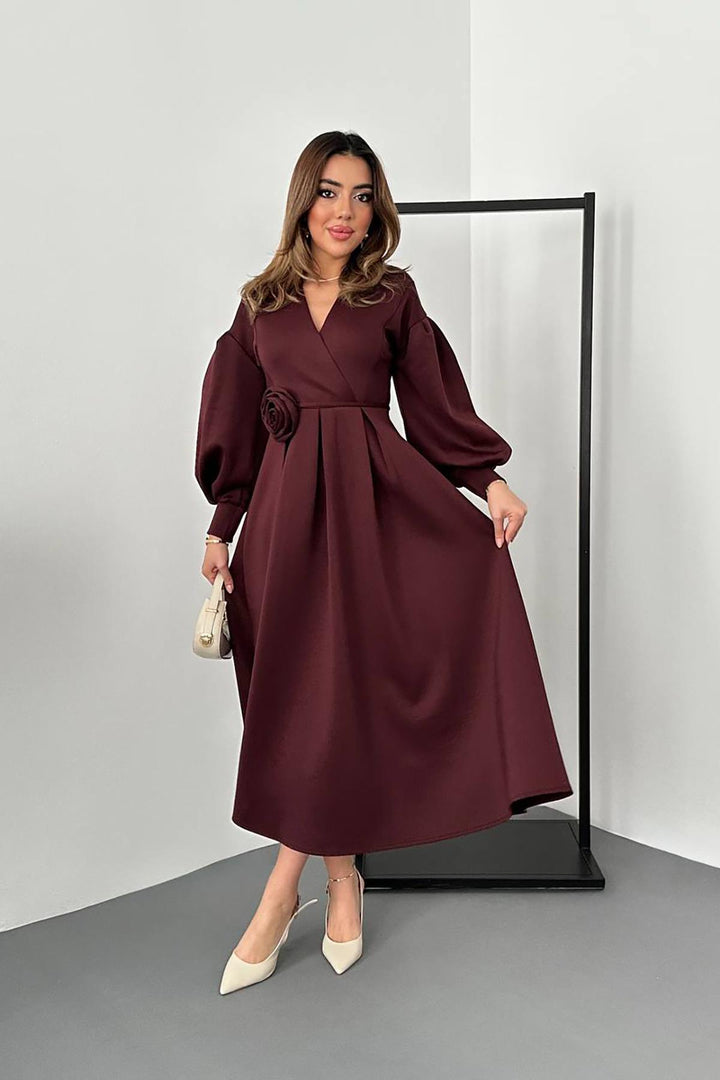 ELS Wholesale Burgundy Rose Detailed Scuba Dress - Roseville