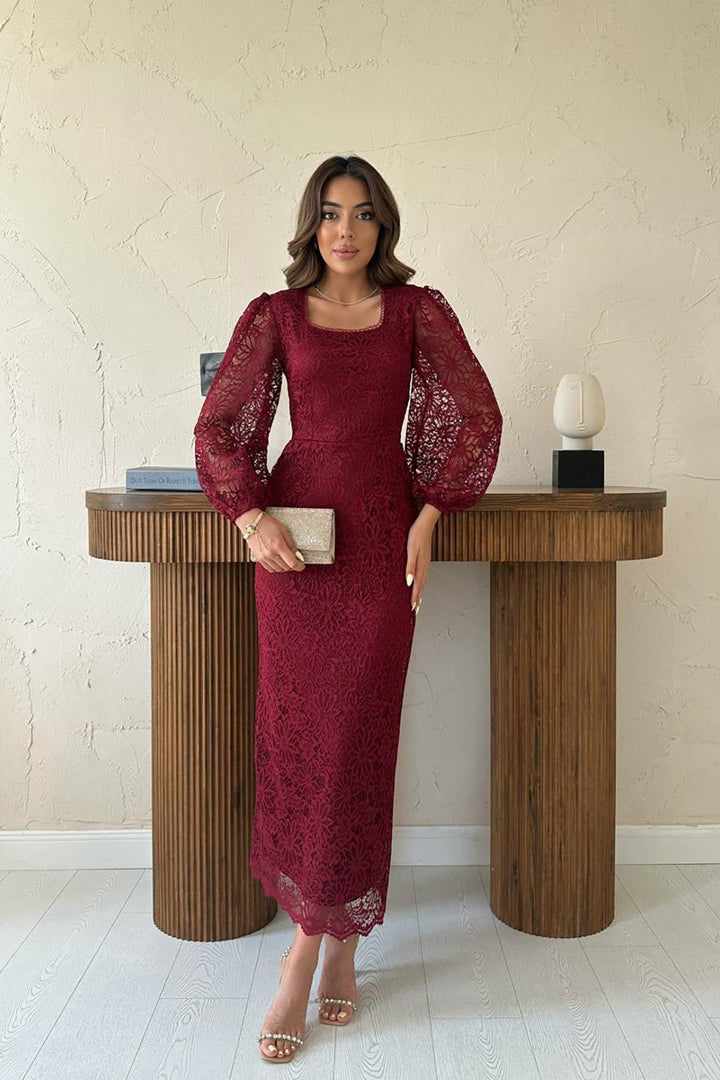 ELS Wholesale Burgundy Lace Detailed Dress - Rockhampton