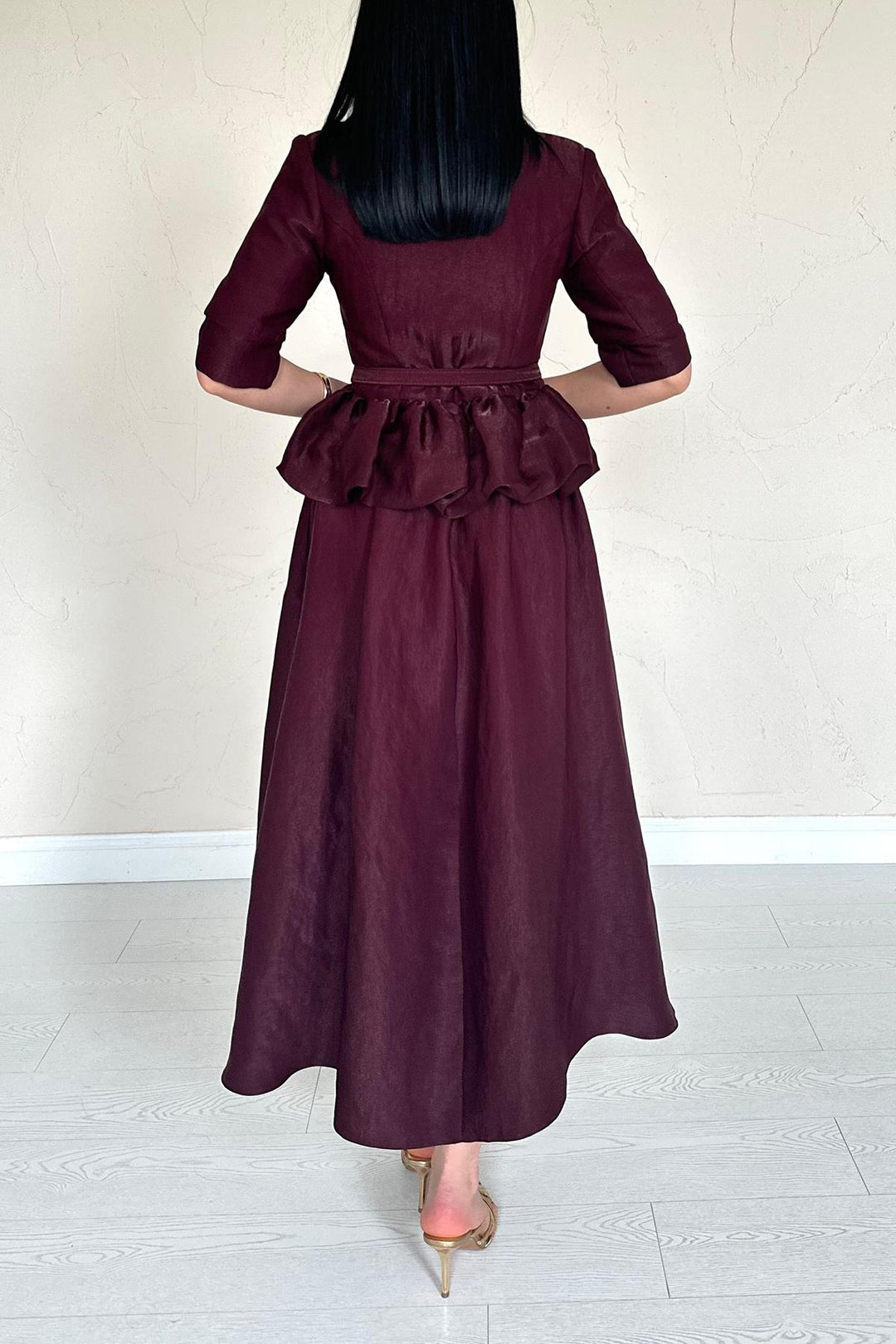 ELS Wholesale Burgundy Thin Belted Ruffled Jacket and Ruched Skirt Set - Henrietta