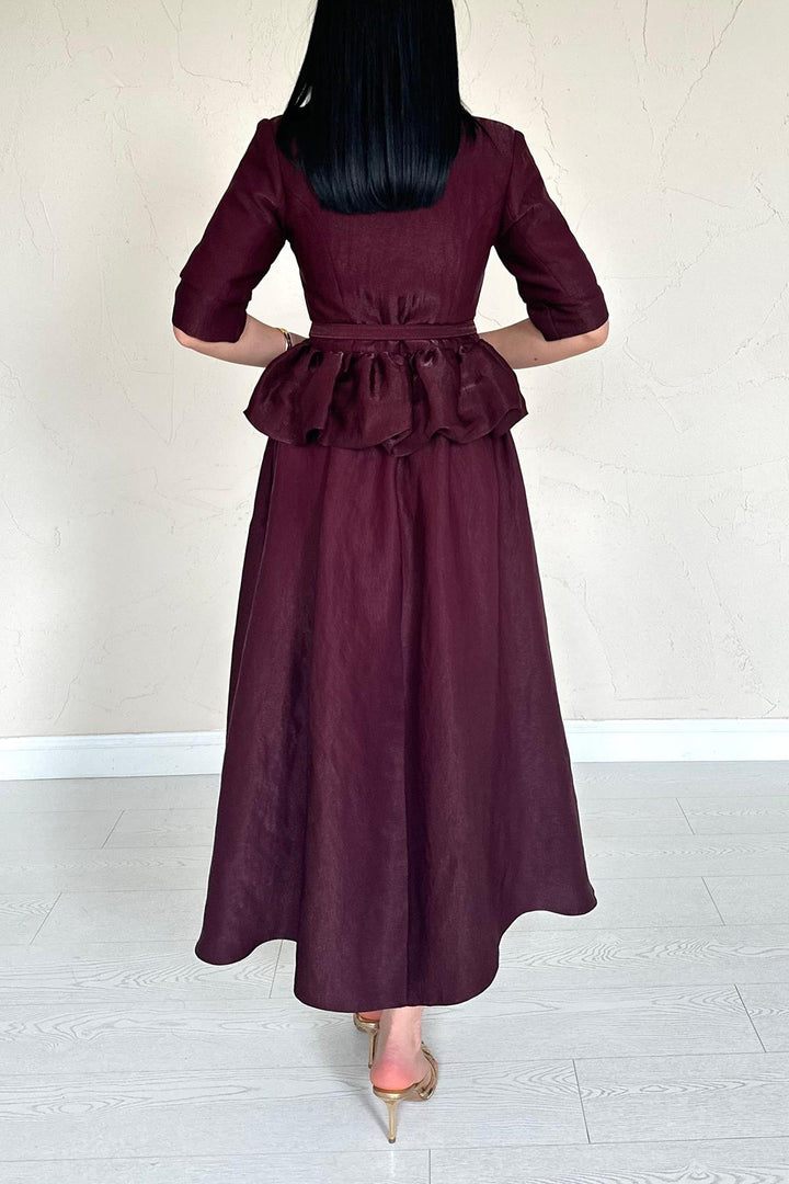 ELS Wholesale Burgundy Thin Belted Ruffled Jacket and Ruched Skirt Set - Henrietta