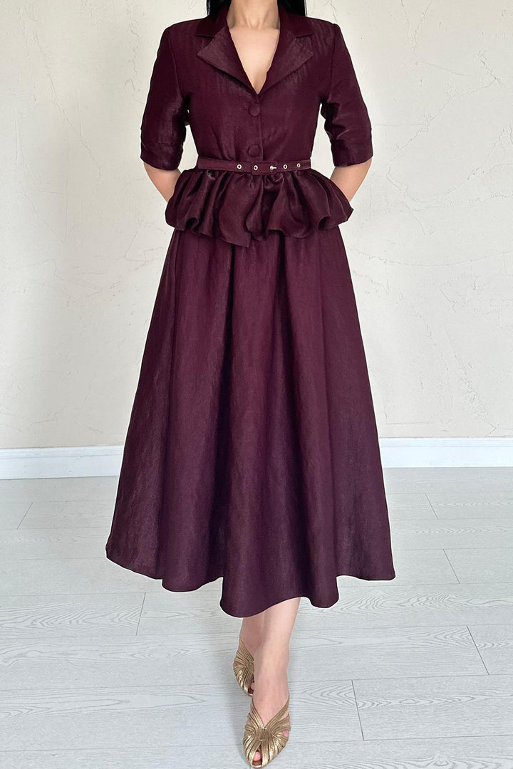 ELS Wholesale Burgundy Thin Belted Ruffled Jacket and Ruched Skirt Set - Henrietta