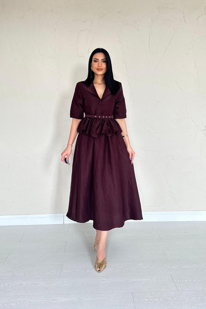 ELS Wholesale Burgundy Thin Belted Ruffled Jacket and Ruched Skirt Set - Henrietta
