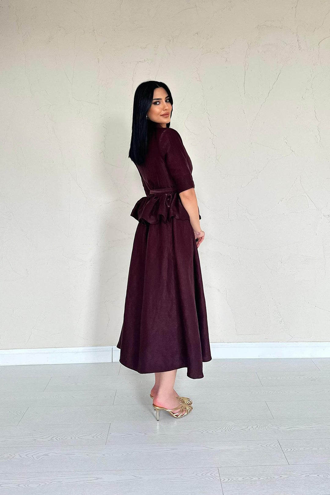 ELS Wholesale Burgundy Thin Belted Ruffled Jacket and Ruched Skirt Set - Henrietta